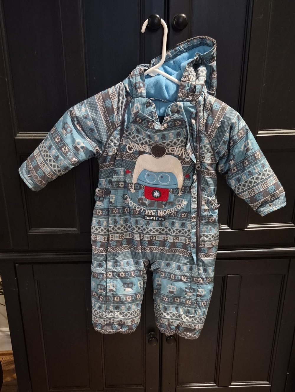 Souris Mini Blue Patterned Baby Snowsuit with Robot Motif